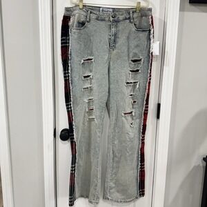 Spoon Jeans 16 Y2K Grunge Punk Plaid Distressed Wide Leg Jeans Alt Streetwear